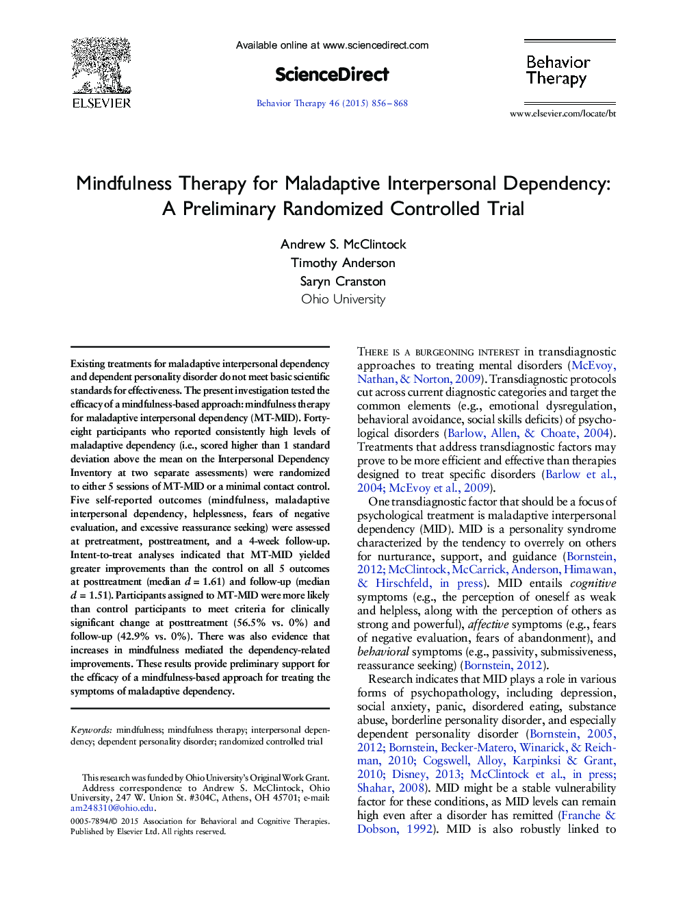 Mindfulness Therapy for Maladaptive Interpersonal Dependency: A Preliminary Randomized Controlled Trial 