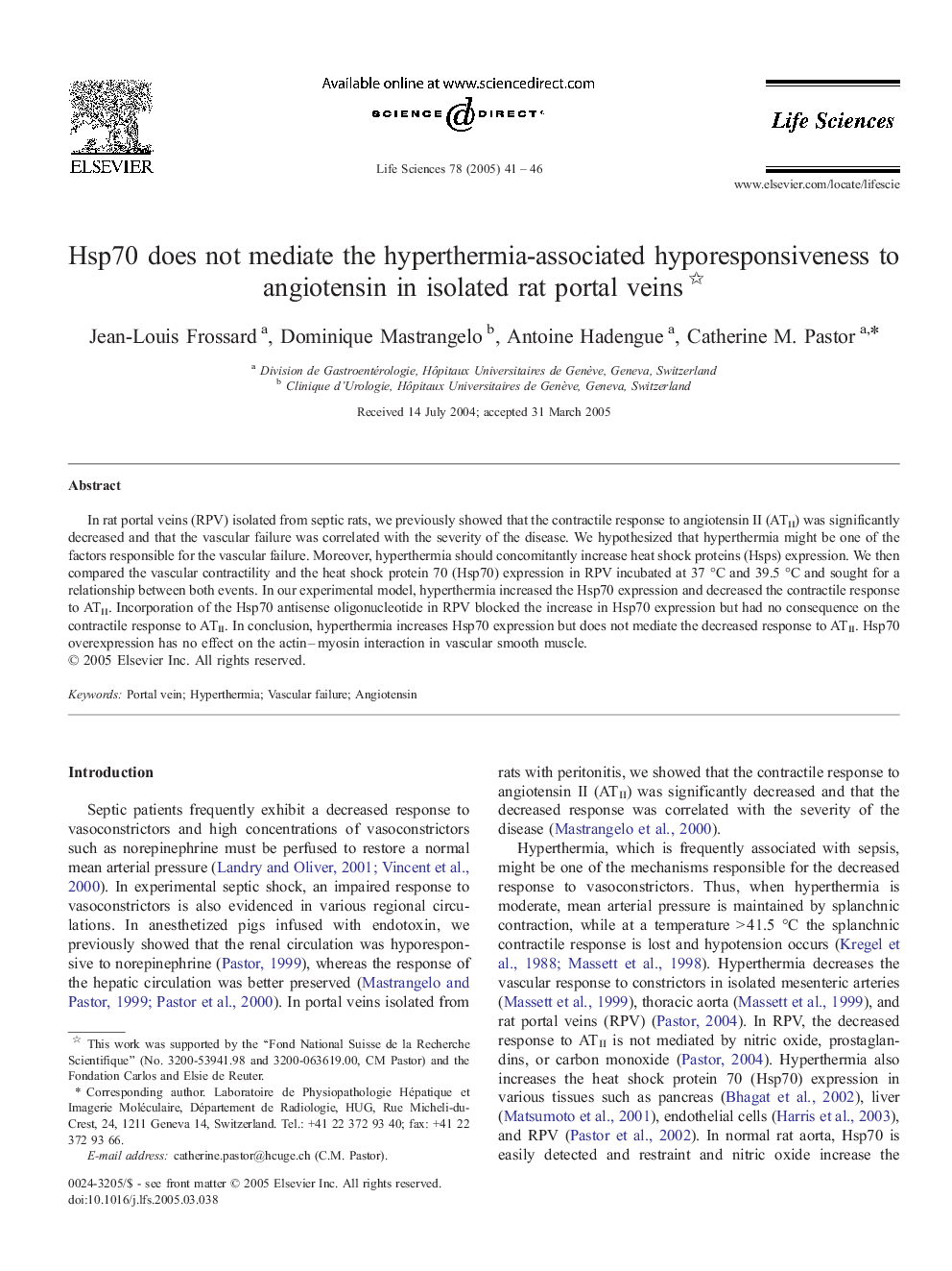 Hsp70 does not mediate the hyperthermia-associated hyporesponsiveness to angiotensin in isolated rat portal veins