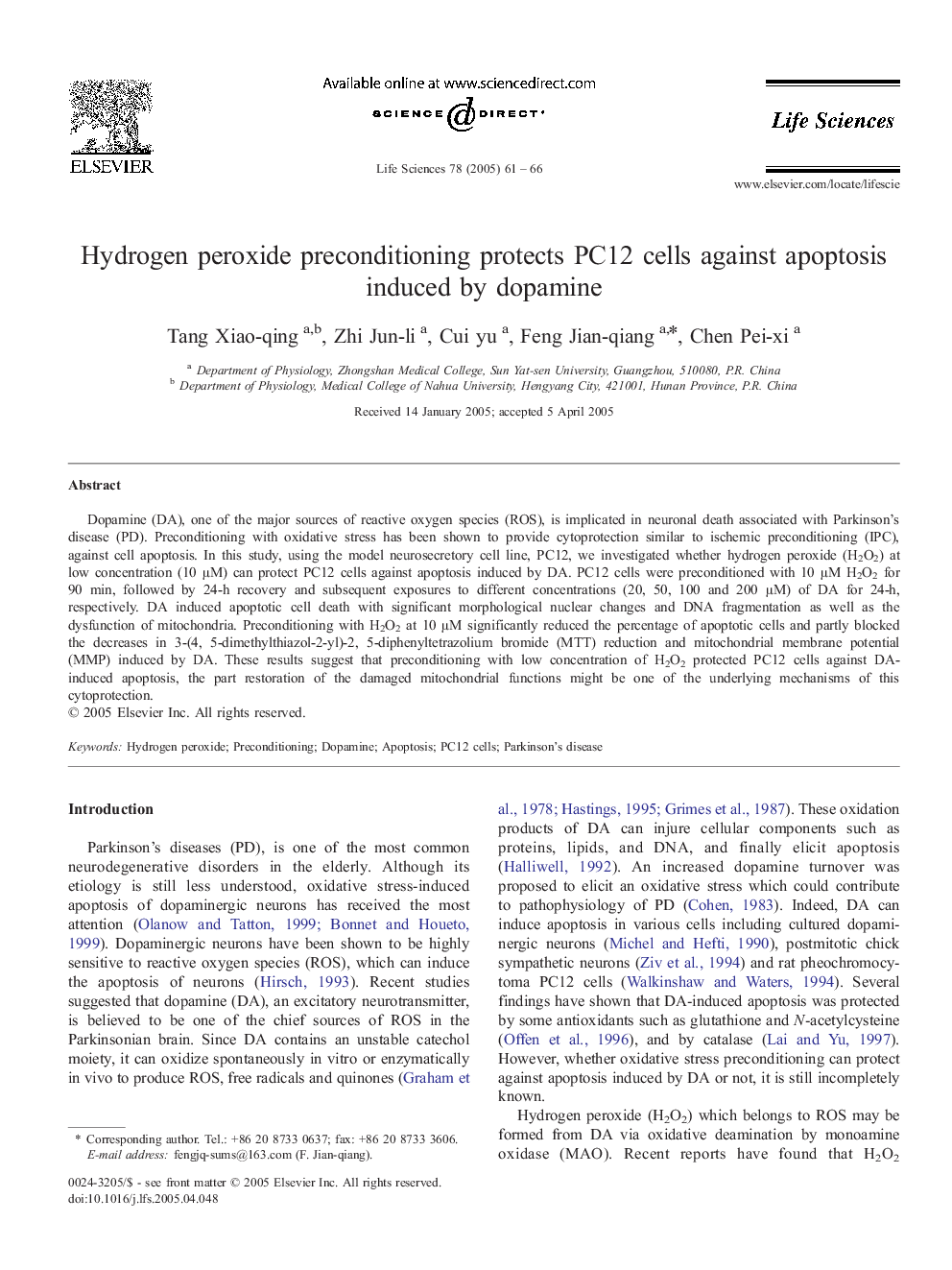 Hydrogen peroxide preconditioning protects PC12 cells against apoptosis induced by dopamine