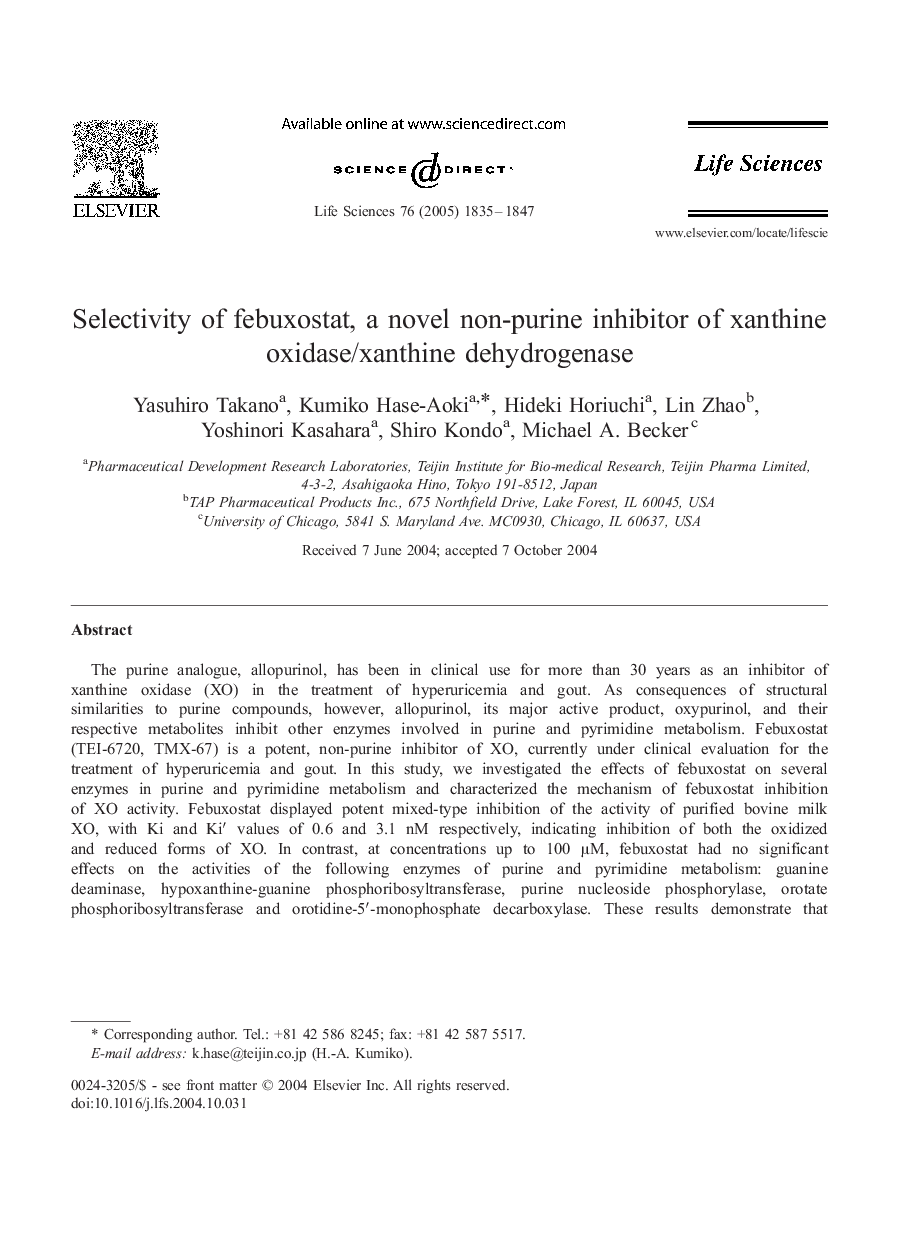 Selectivity of febuxostat, a novel non-purine inhibitor of xanthine oxidase/xanthine dehydrogenase