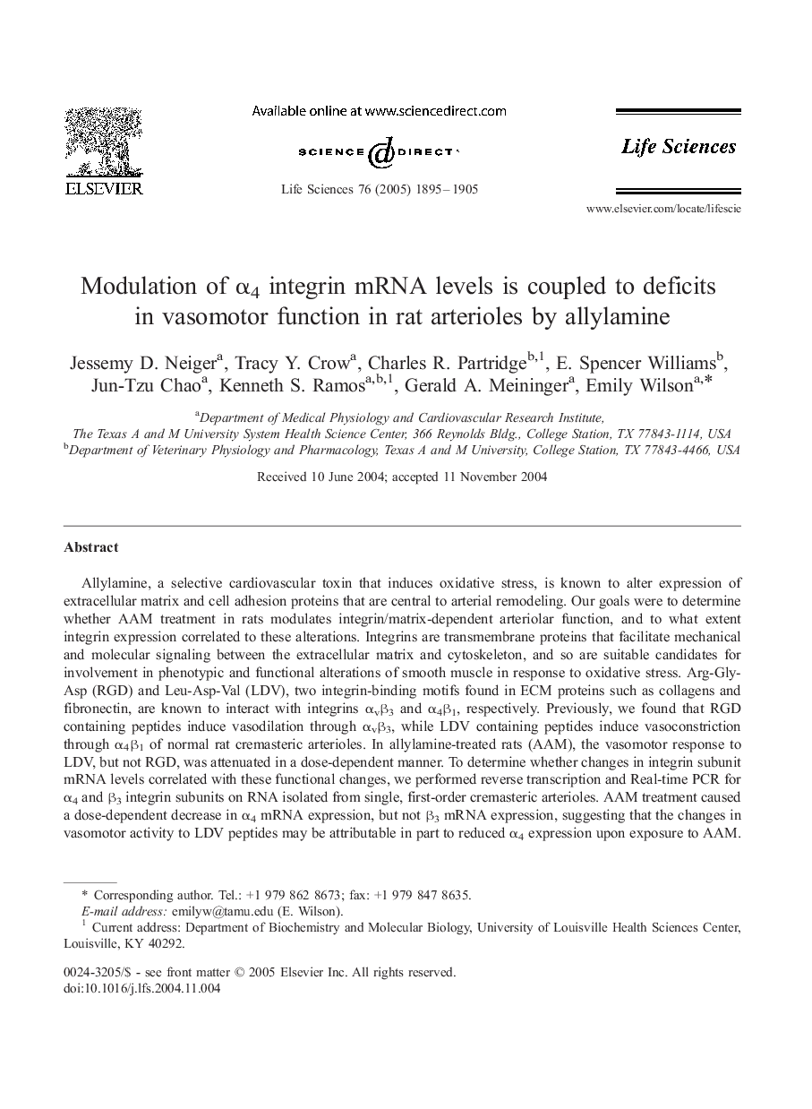 Modulation of Î±4 integrin mRNA levels is coupled to deficits in vasomotor function in rat arterioles by allylamine