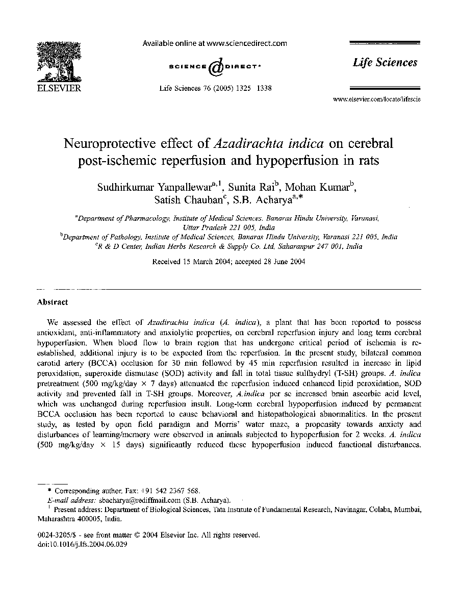 Neuroprotective effect of Azadirachta indica on cerebral post-ischemic reperfusion and hypoperfusion in rats