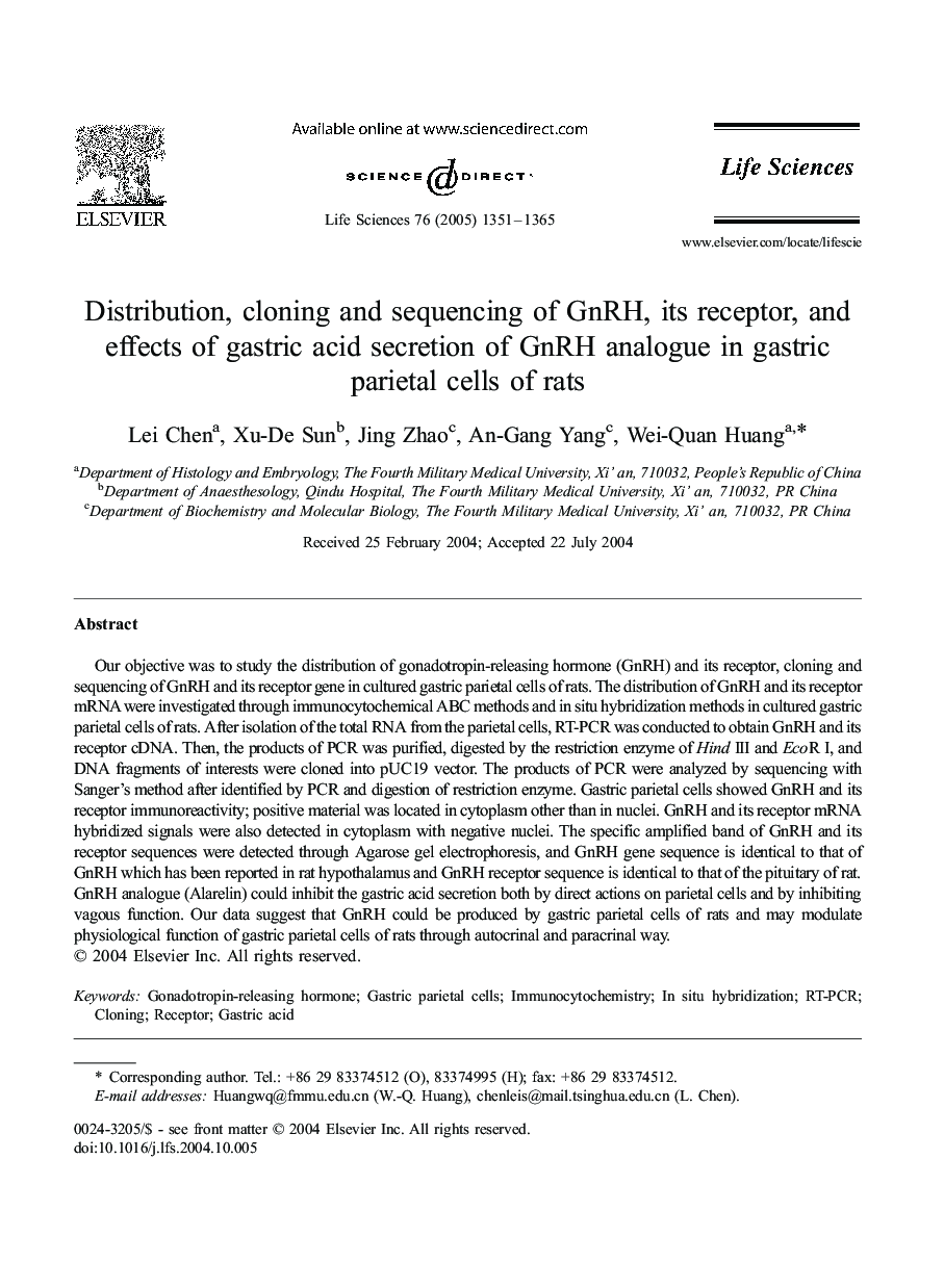 Distribution, cloning and sequencing of GnRH, its receptor, and effects of gastric acid secretion of GnRH analogue in gastric parietal cells of rats