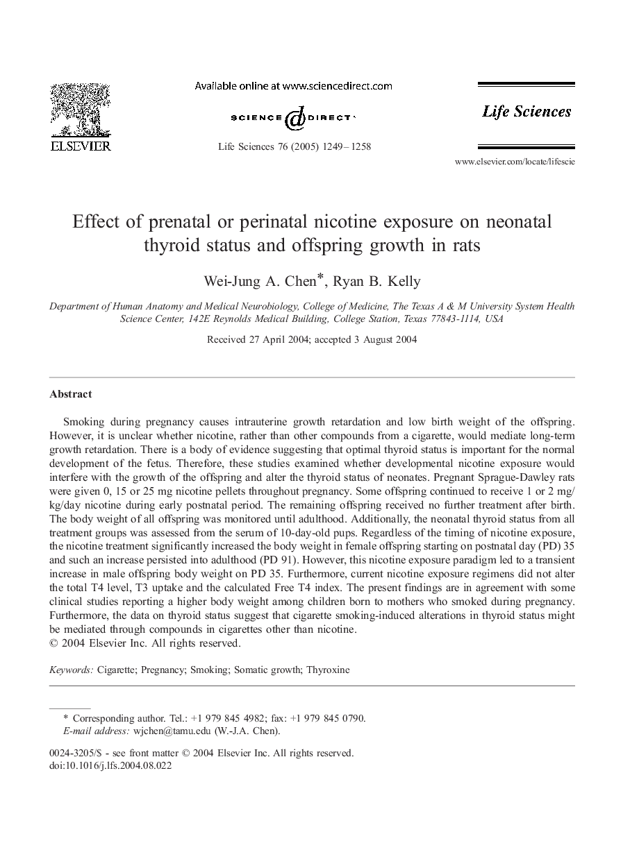 Effect of prenatal or perinatal nicotine exposure on neonatal thyroid status and offspring growth in rats