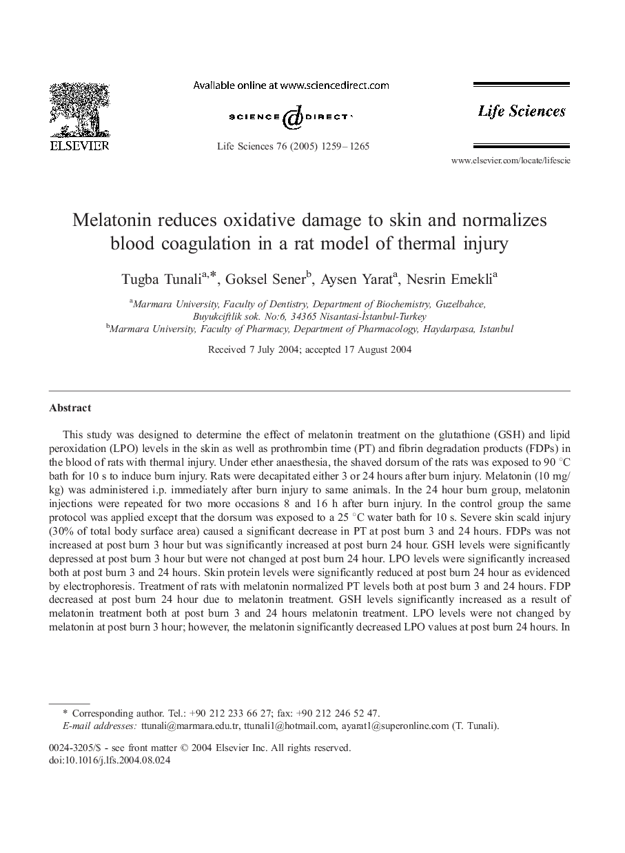 Melatonin reduces oxidative damage to skin and normalizes blood coagulation in a rat model of thermal injury