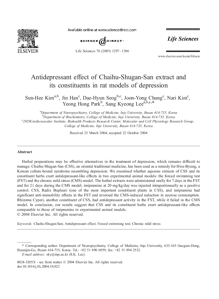 Antidepressant effect of Chaihu-Shugan-San extract and its constituents in rat models of depression