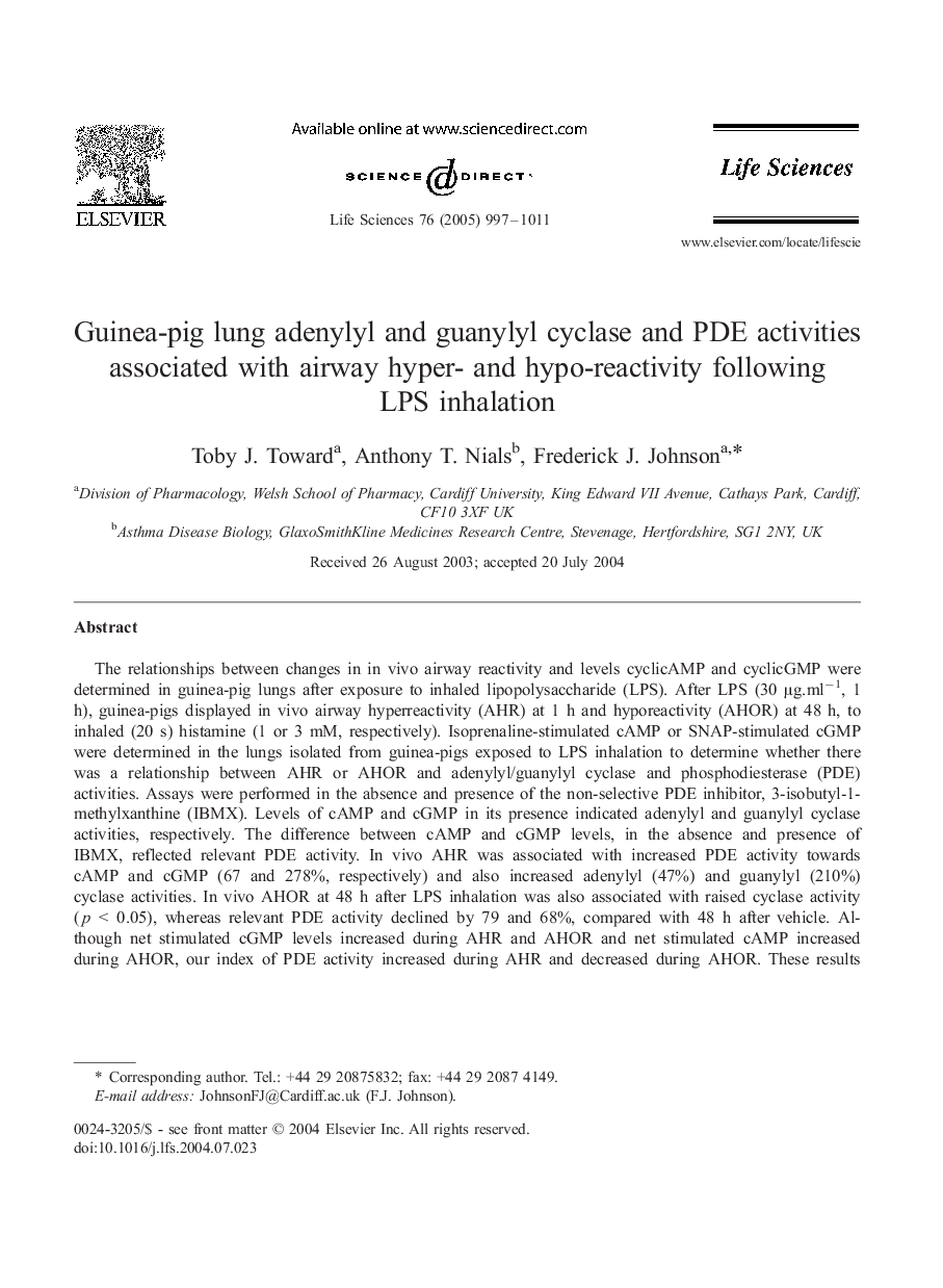 Guinea-pig lung adenylyl and guanylyl cyclase and PDE activities associated with airway hyper- and hypo-reactivity following LPS inhalation