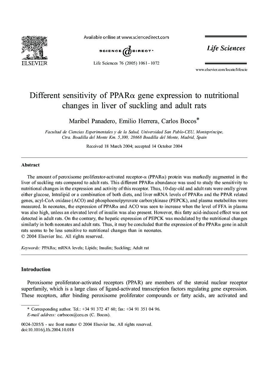 Different sensitivity of PPARÎ± gene expression to nutritional changes in liver of suckling and adult rats