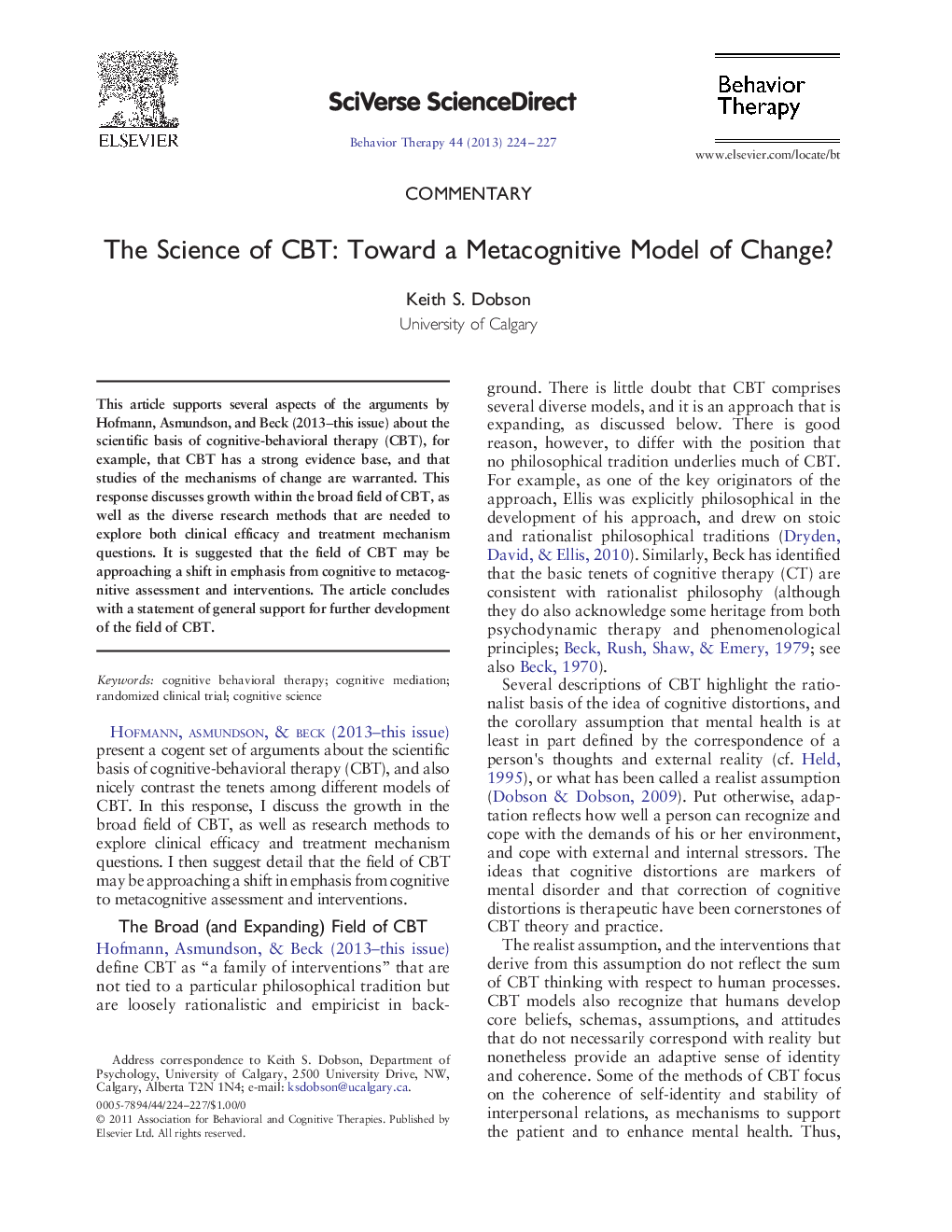 The Science of CBT: Toward a Metacognitive Model of Change?