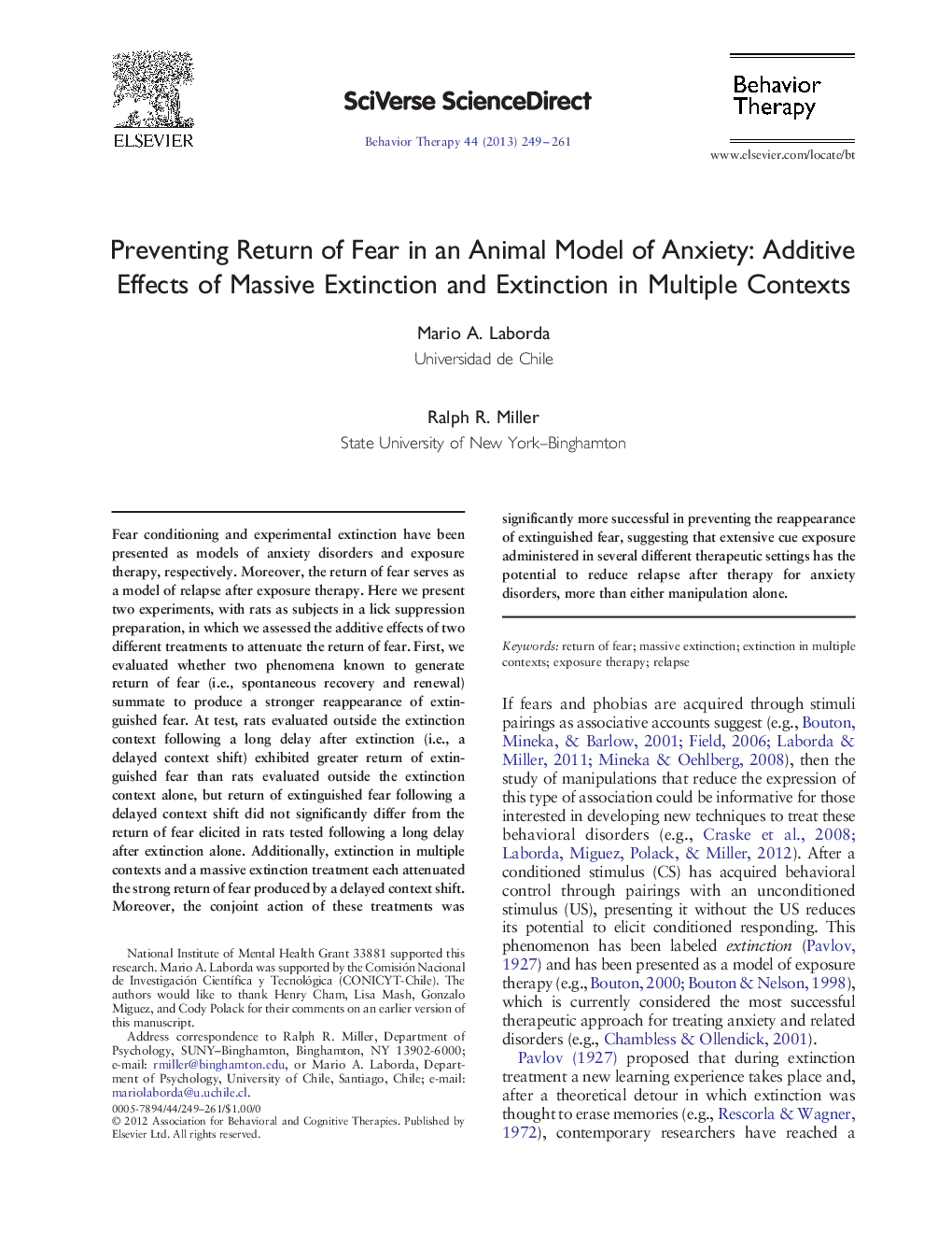 Preventing Return of Fear in an Animal Model of Anxiety: Additive Effects of Massive Extinction and Extinction in Multiple Contexts 