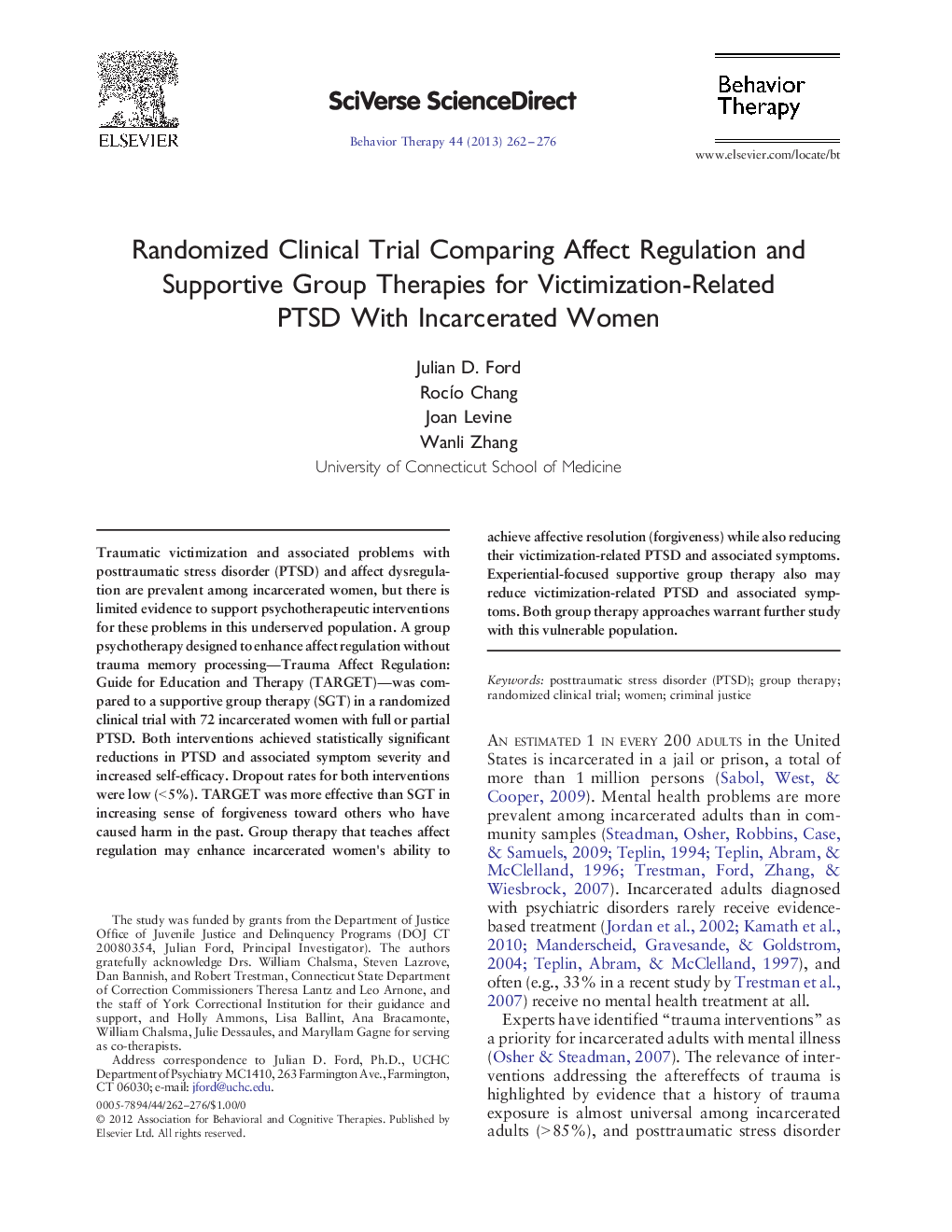 Randomized Clinical Trial Comparing Affect Regulation and Supportive Group Therapies for Victimization-Related PTSD With Incarcerated Women 