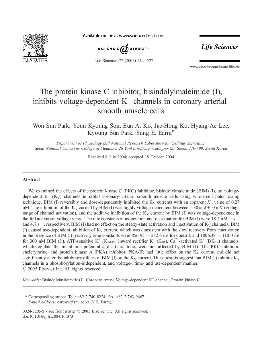 The protein kinase C inhibitor, bisindolylmaleimide (I), inhibits voltage-dependent K+ channels in coronary arterial smooth muscle cells