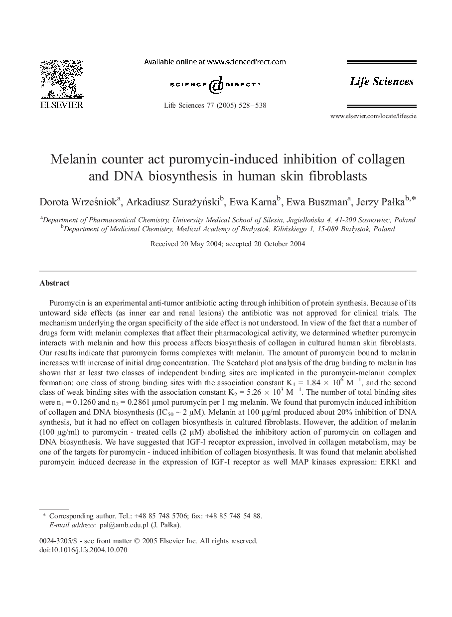 Melanin counter act puromycin-induced inhibition of collagen and DNA biosynthesis in human skin fibroblasts