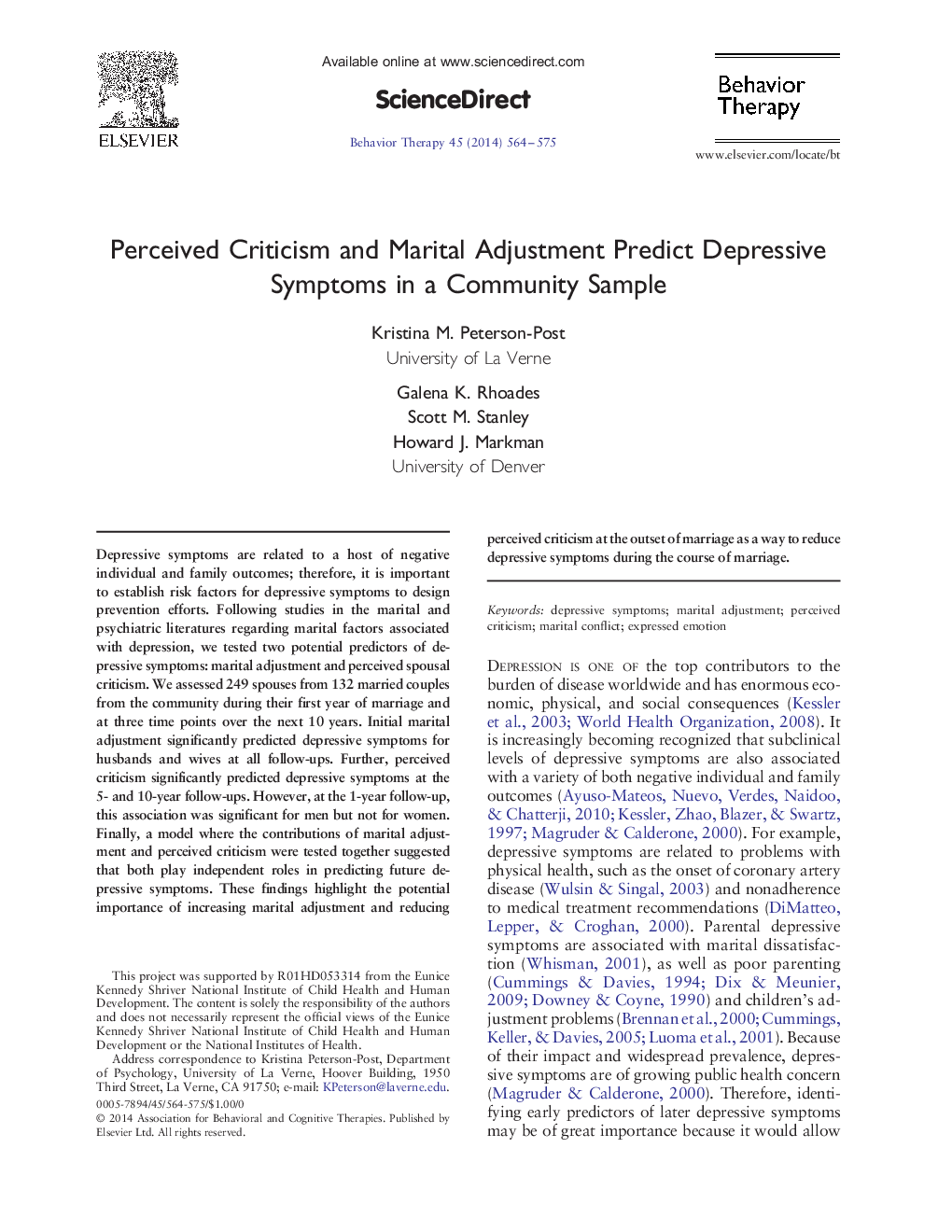 Perceived Criticism and Marital Adjustment Predict Depressive Symptoms in a Community Sample 