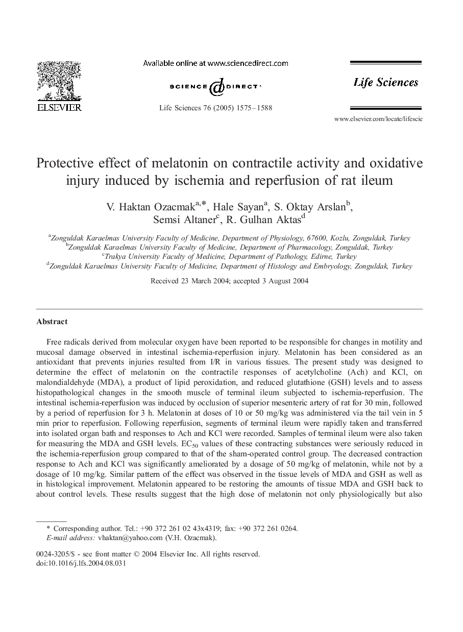 Protective effect of melatonin on contractile activity and oxidative injury induced by ischemia and reperfusion of rat ileum