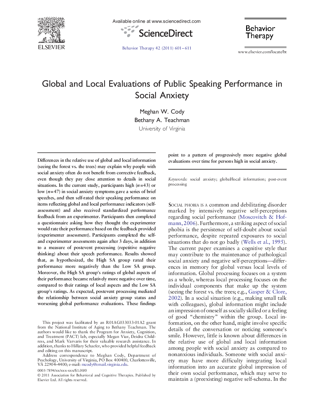 Global and Local Evaluations of Public Speaking Performance in Social Anxiety 