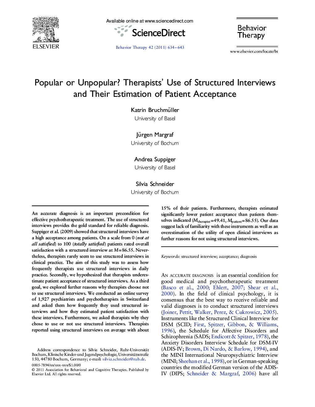 Popular or Unpopular? Therapists’ Use of Structured Interviews and Their Estimation of Patient Acceptance