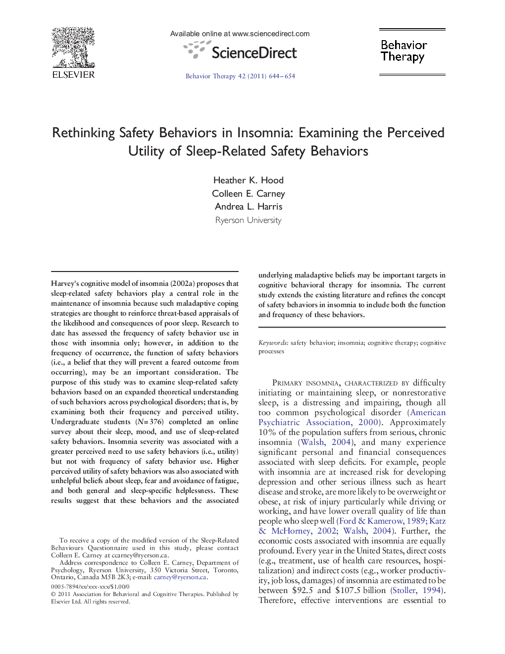 Rethinking Safety Behaviors in Insomnia: Examining the Perceived Utility of Sleep-Related Safety Behaviors 