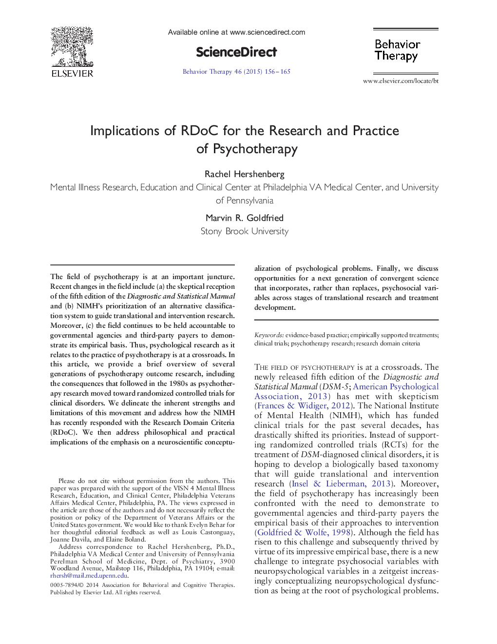 Implications of RDoC for the Research and Practice of Psychotherapy 