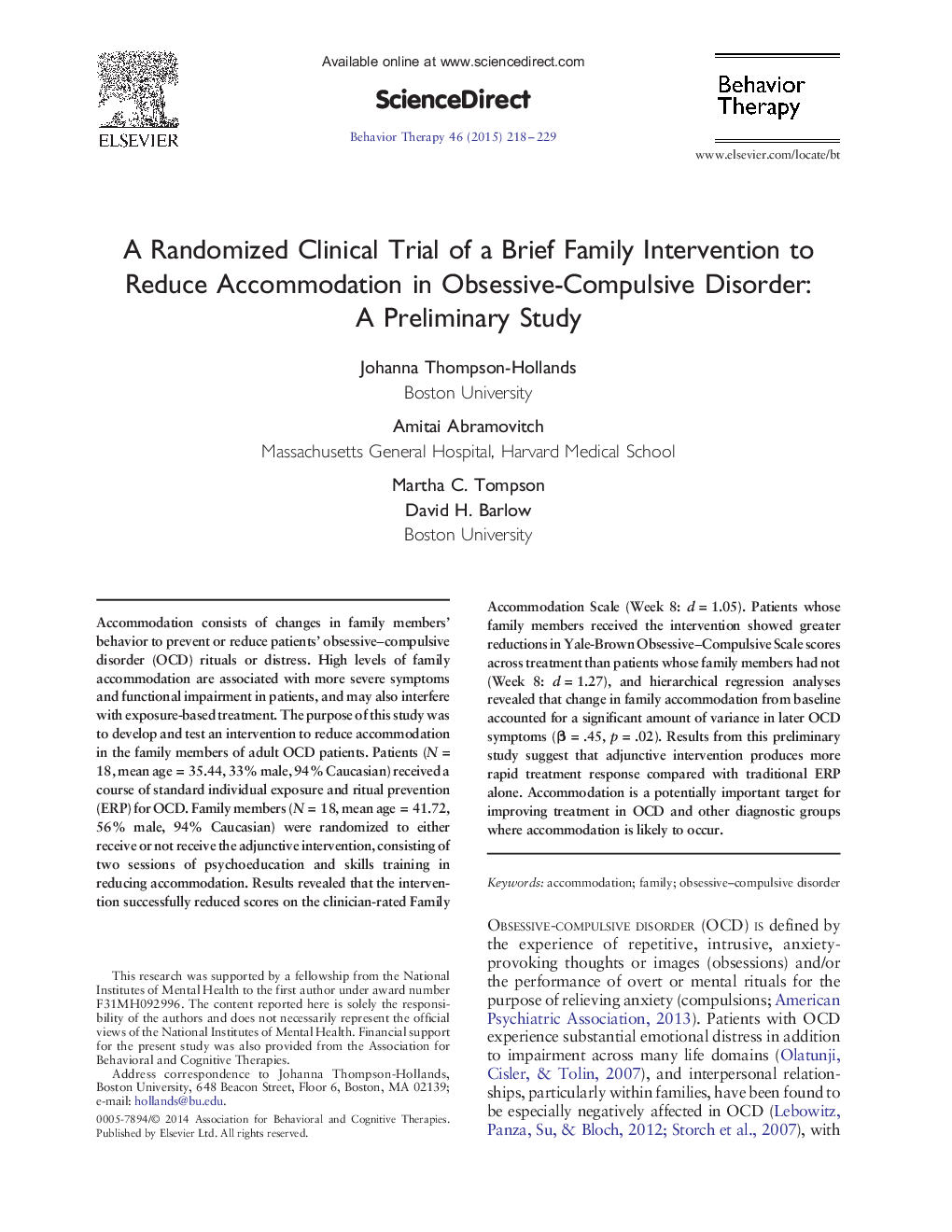 عکس صفحه اول مقاله: A Randomized Clinical Trial of a Brief Family Intervention to Reduce Accommodation in Obsessive-Compulsive Disorder: A Preliminary Study A Randomized Clinical Trial of a Brief Family Intervention to Reduce Accommodation in Obsessive-Compulsive Disorder: A Preliminary Study