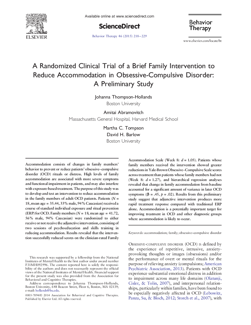 A Randomized Clinical Trial of a Brief Family Intervention to Reduce Accommodation in Obsessive-Compulsive Disorder: A Preliminary Study 