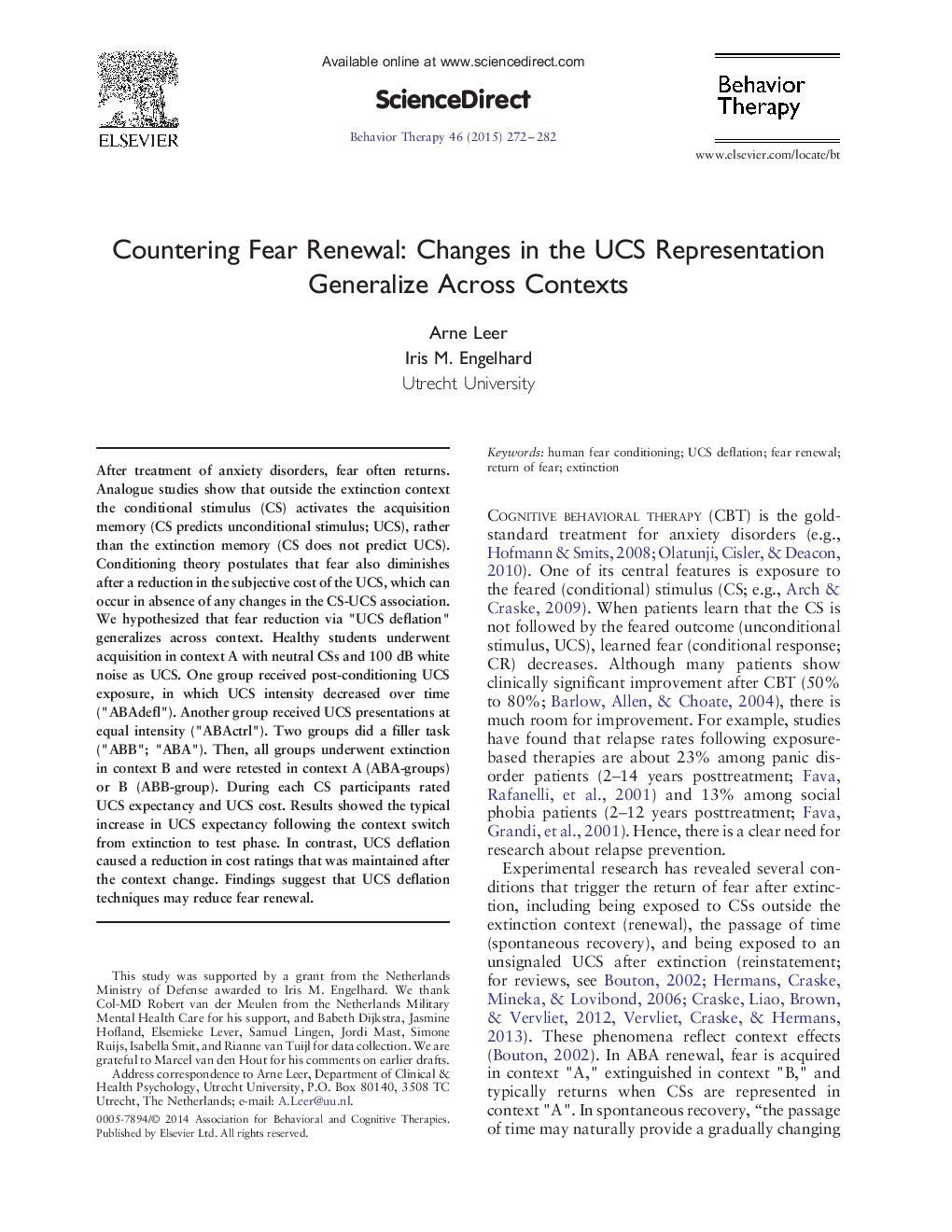 Countering Fear Renewal: Changes in the UCS Representation Generalize Across Contexts 