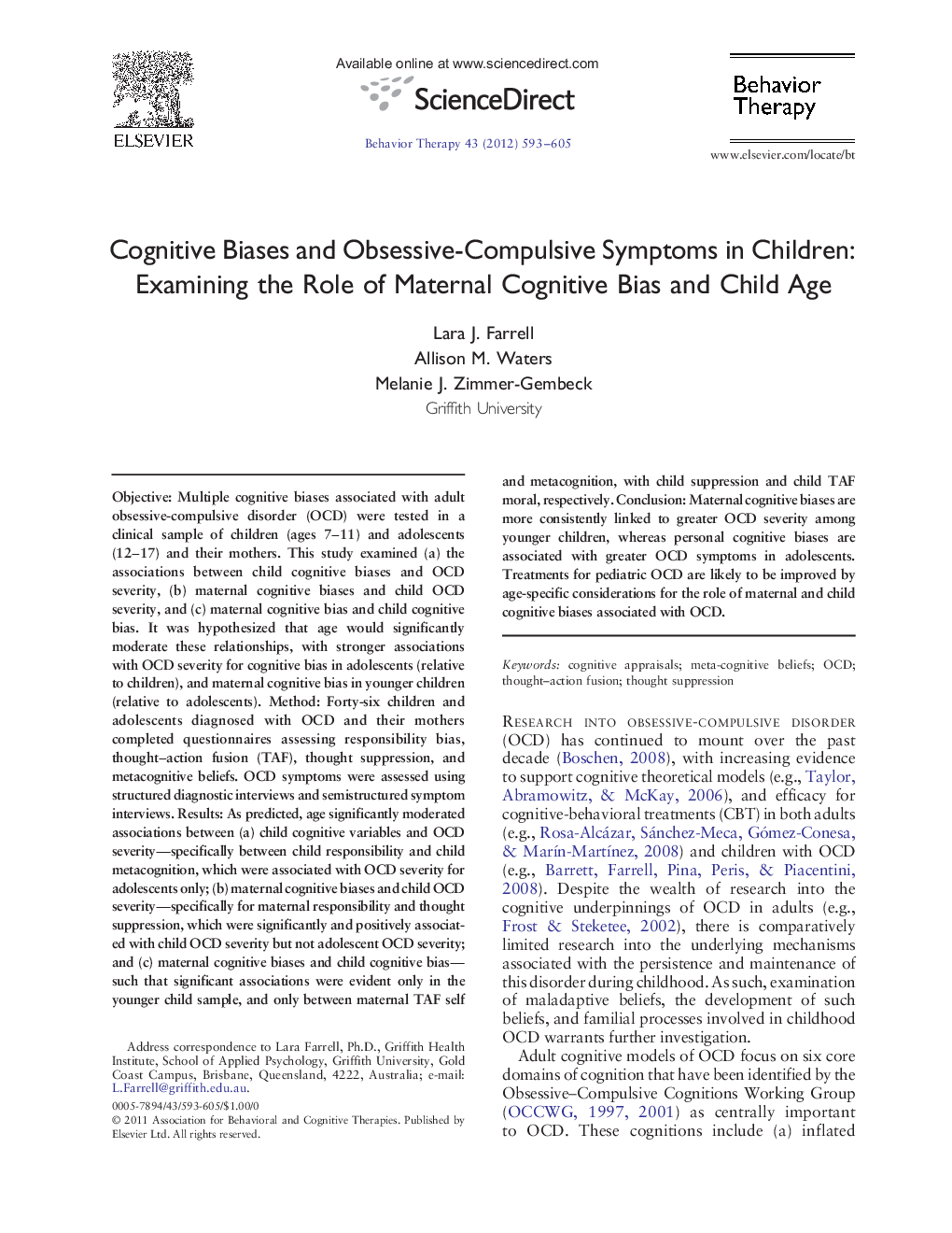Cognitive Biases and Obsessive-Compulsive Symptoms in Children: Examining the Role of Maternal Cognitive Bias and Child Age