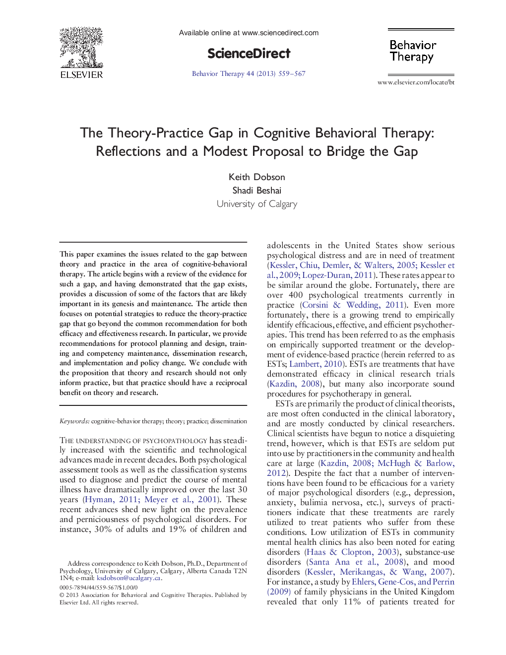 The Theory-Practice Gap in Cognitive Behavioral Therapy: Reflections and a Modest Proposal to Bridge the Gap