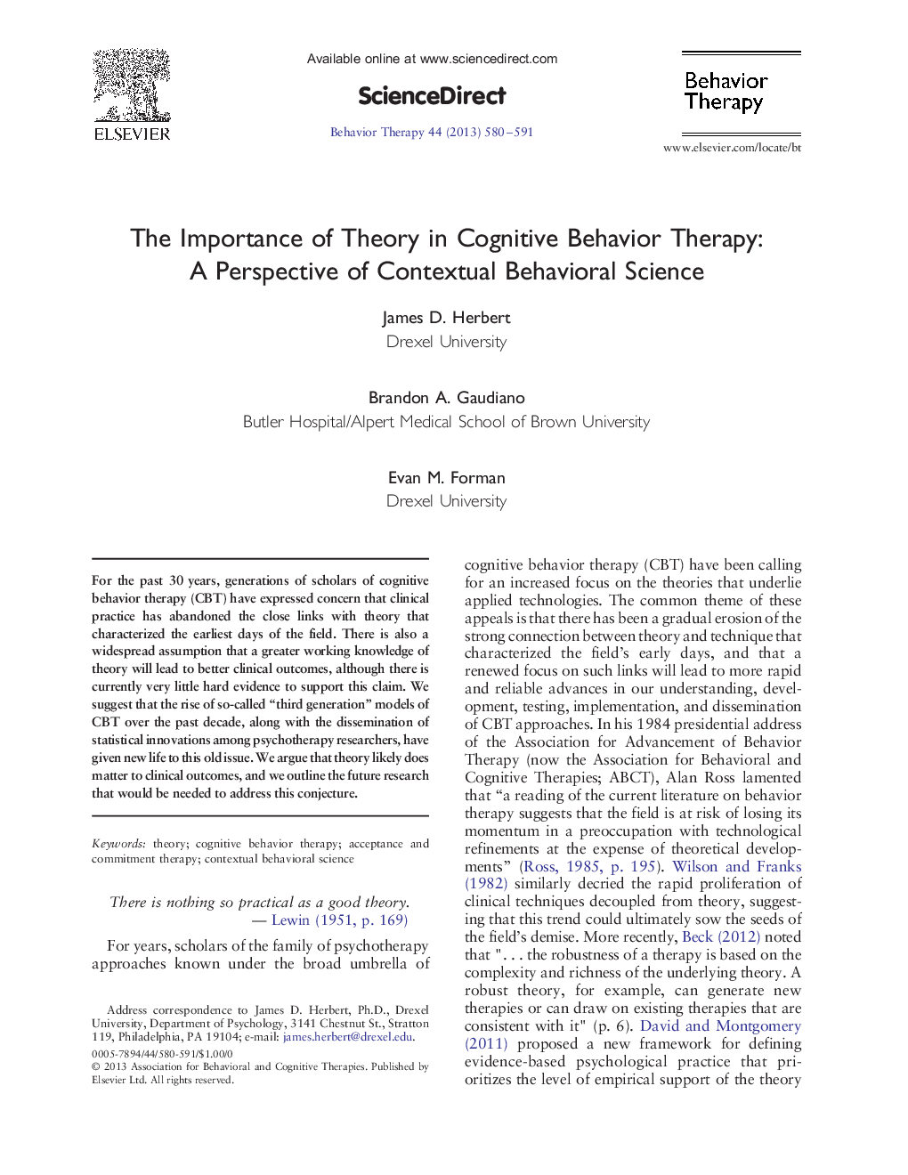 The Importance of Theory in Cognitive Behavior Therapy: A Perspective of Contextual Behavioral Science