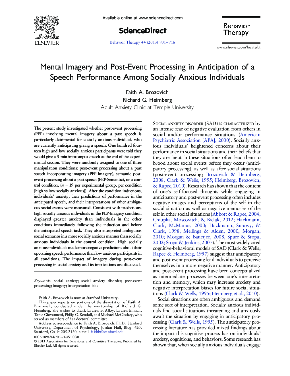 Mental Imagery and Post-Event Processing in Anticipation of a Speech Performance Among Socially Anxious Individuals 