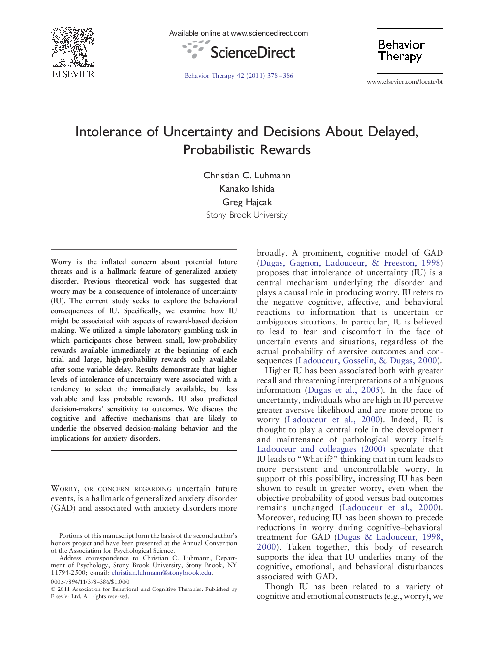 Intolerance of Uncertainty and Decisions About Delayed, Probabilistic Rewards 