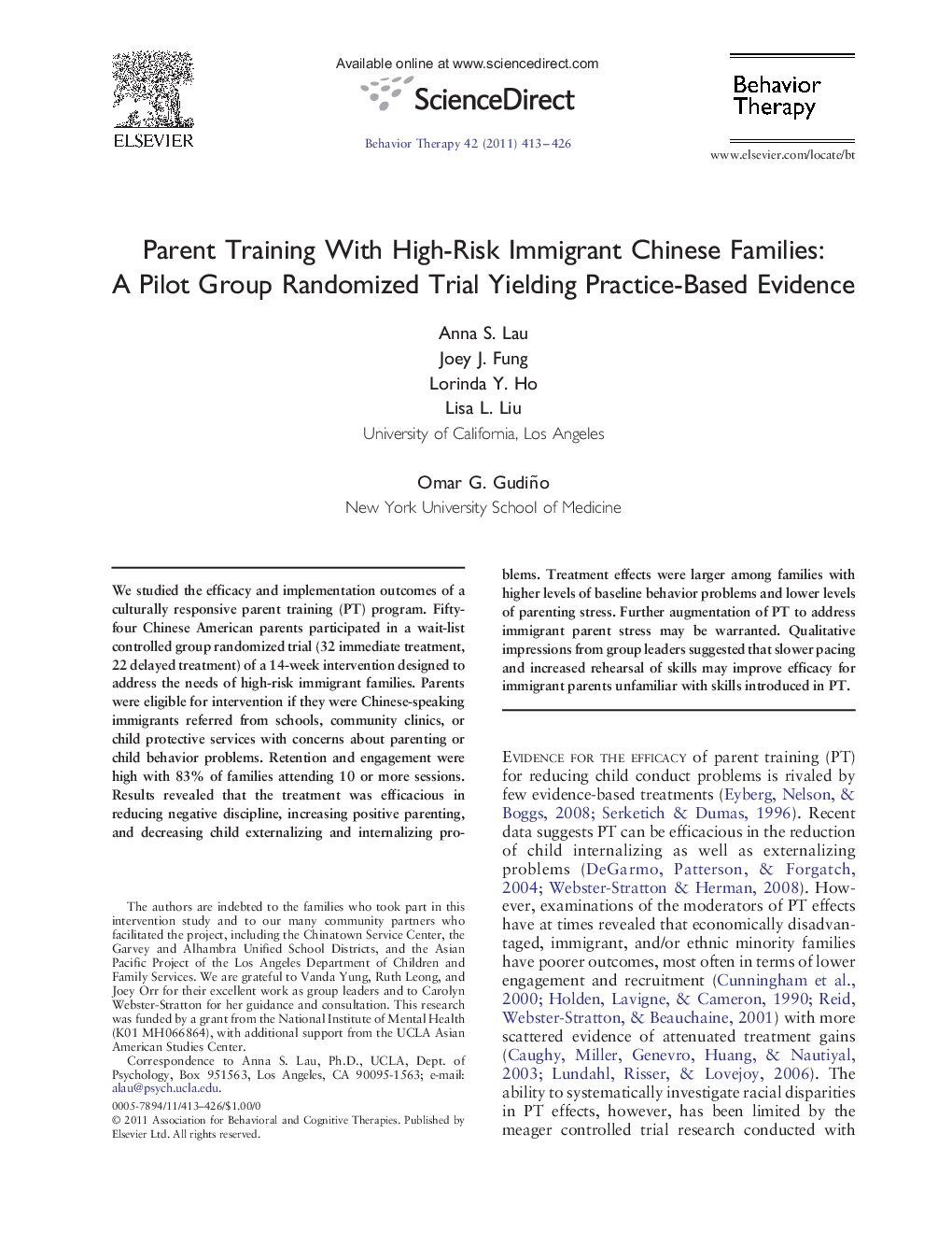 Parent Training With High-Risk Immigrant Chinese Families: A Pilot Group Randomized Trial Yielding Practice-Based Evidence