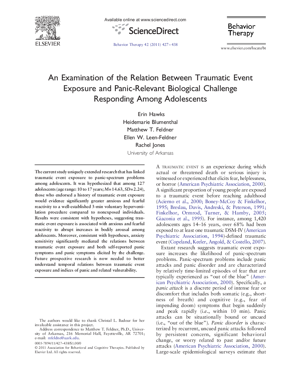 An Examination of the Relation Between Traumatic Event Exposure and Panic-Relevant Biological Challenge Responding Among Adolescents