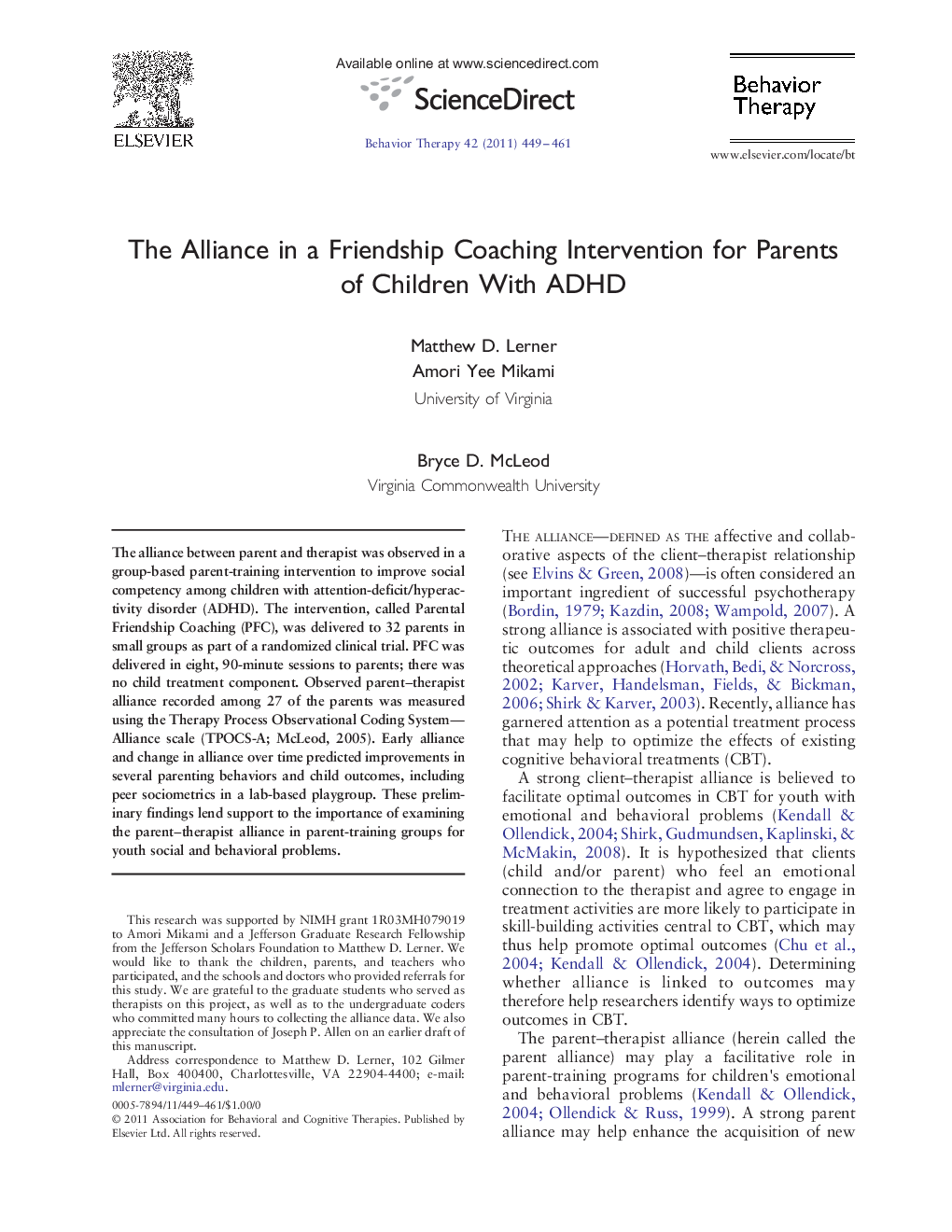 The Alliance in a Friendship Coaching Intervention for Parents of Children With ADHD