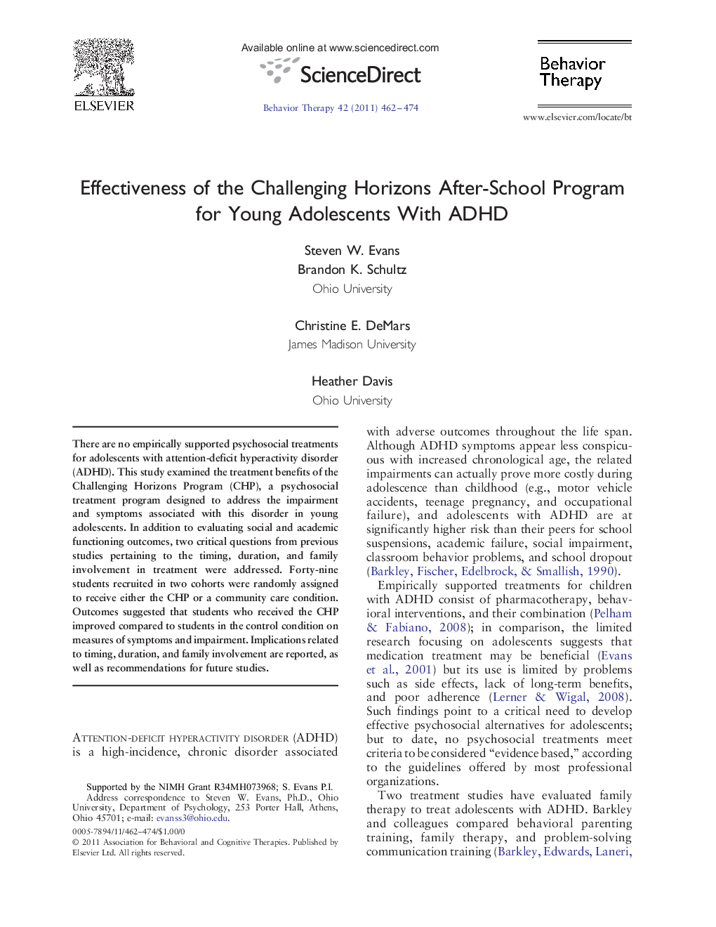 Effectiveness of the Challenging Horizons After-School Program for Young Adolescents With ADHD 