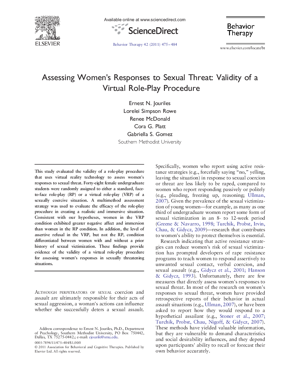 Assessing Women's Responses to Sexual Threat: Validity of a Virtual Role-Play Procedure