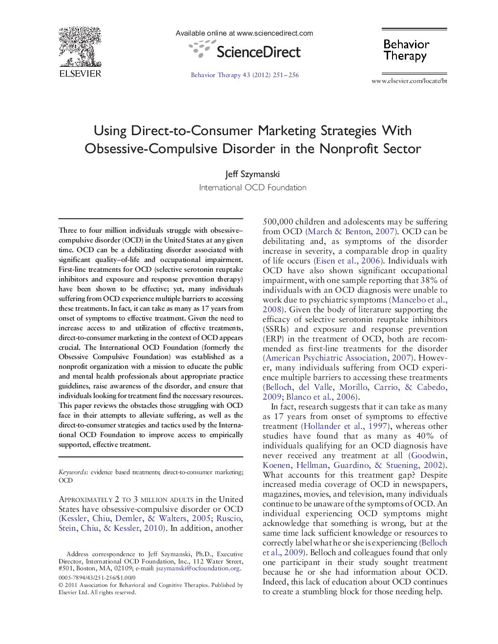 Using Direct-to-Consumer Marketing Strategies With Obsessive-Compulsive Disorder in the Nonprofit Sector