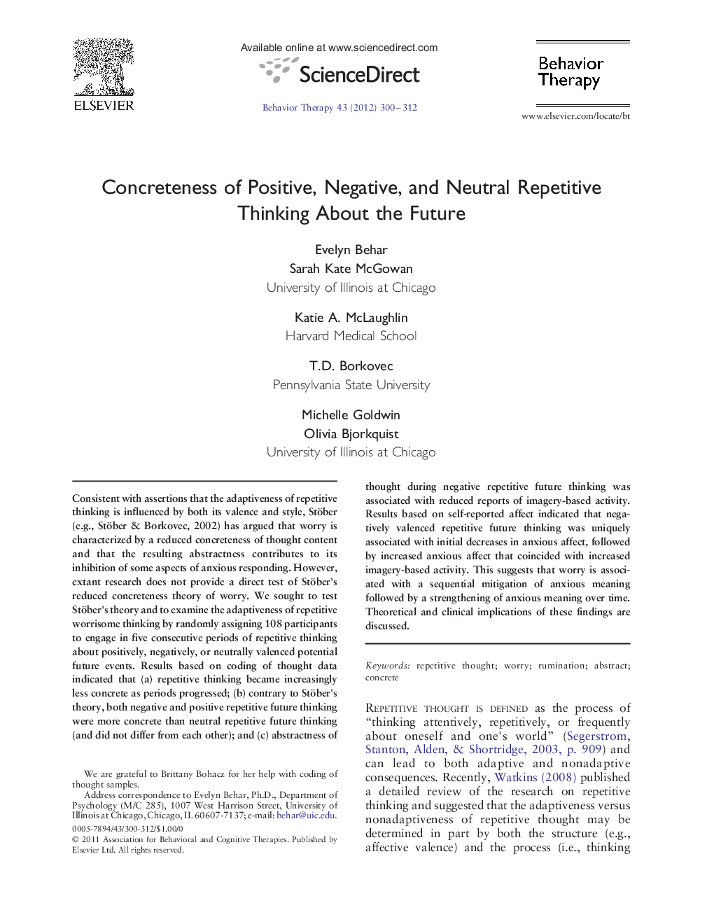 Concreteness of Positive, Negative, and Neutral Repetitive Thinking About the Future 