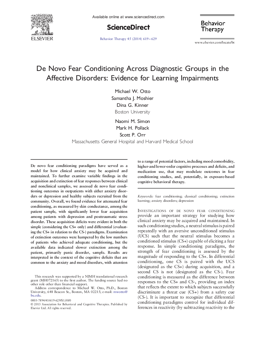 De Novo Fear Conditioning Across Diagnostic Groups in the Affective Disorders: Evidence for Learning Impairments 