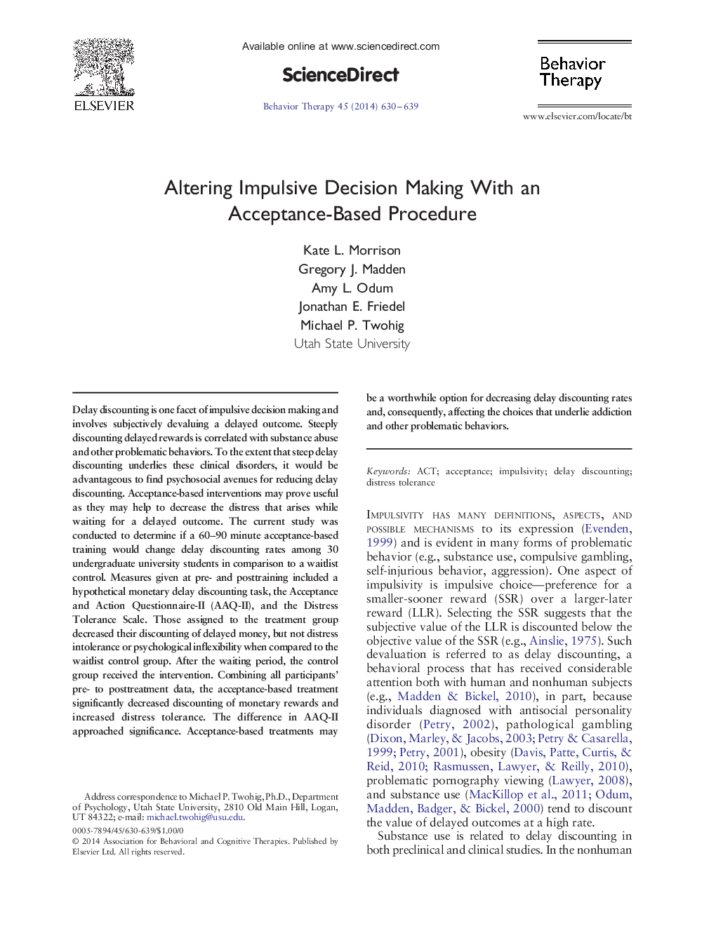 Altering Impulsive Decision Making With an Acceptance-Based Procedure