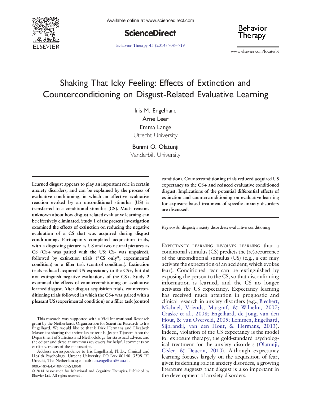 Shaking That Icky Feeling: Effects of Extinction and Counterconditioning on Disgust-Related Evaluative Learning 