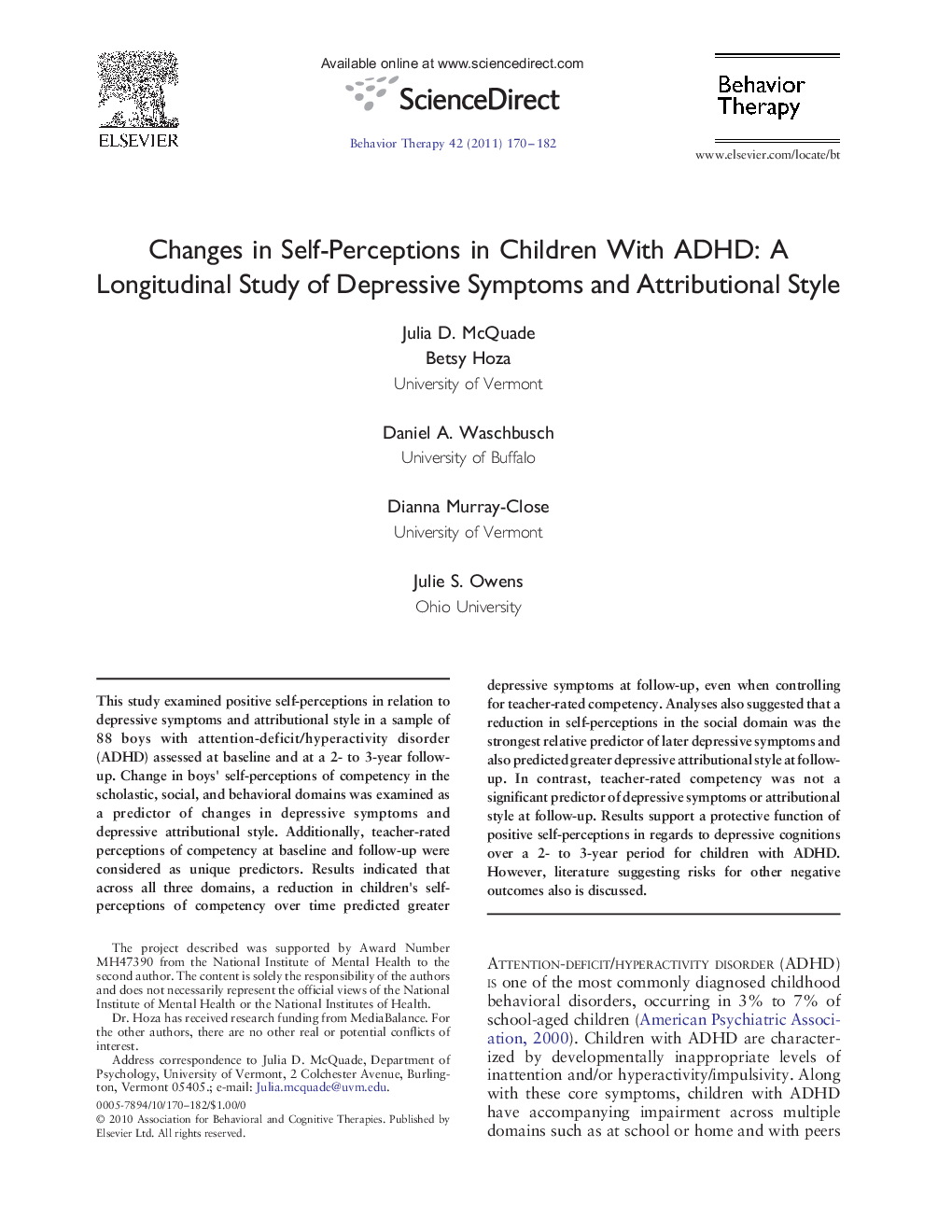 Changes in Self-Perceptions in Children With ADHD: A Longitudinal Study of Depressive Symptoms and Attributional Style 