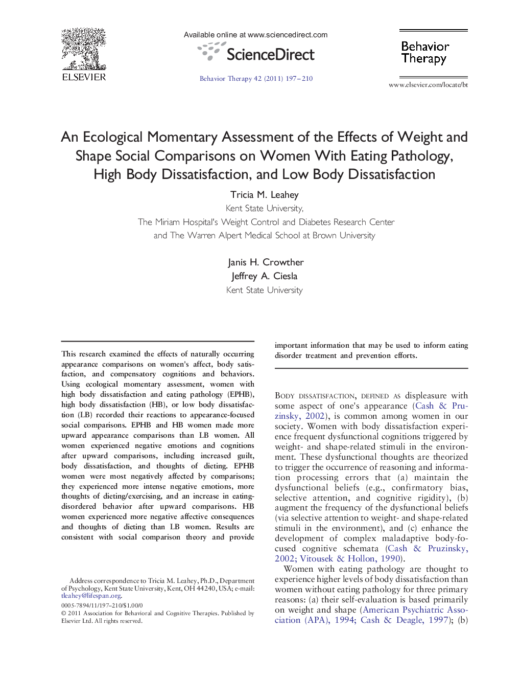 An Ecological Momentary Assessment of the Effects of Weight and Shape Social Comparisons on Women With Eating Pathology, High Body Dissatisfaction, and Low Body Dissatisfaction