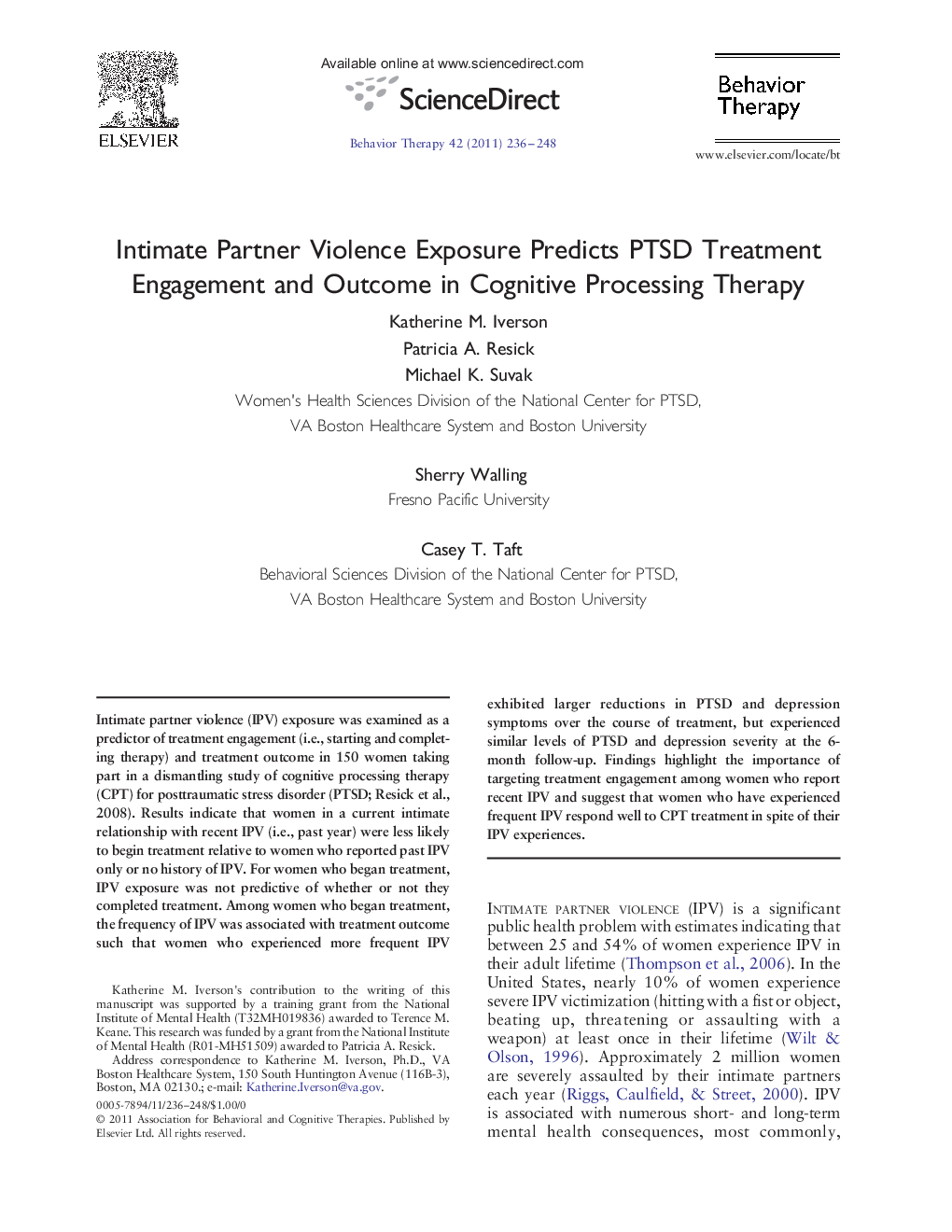 Intimate Partner Violence Exposure Predicts PTSD Treatment Engagement and Outcome in Cognitive Processing Therapy 