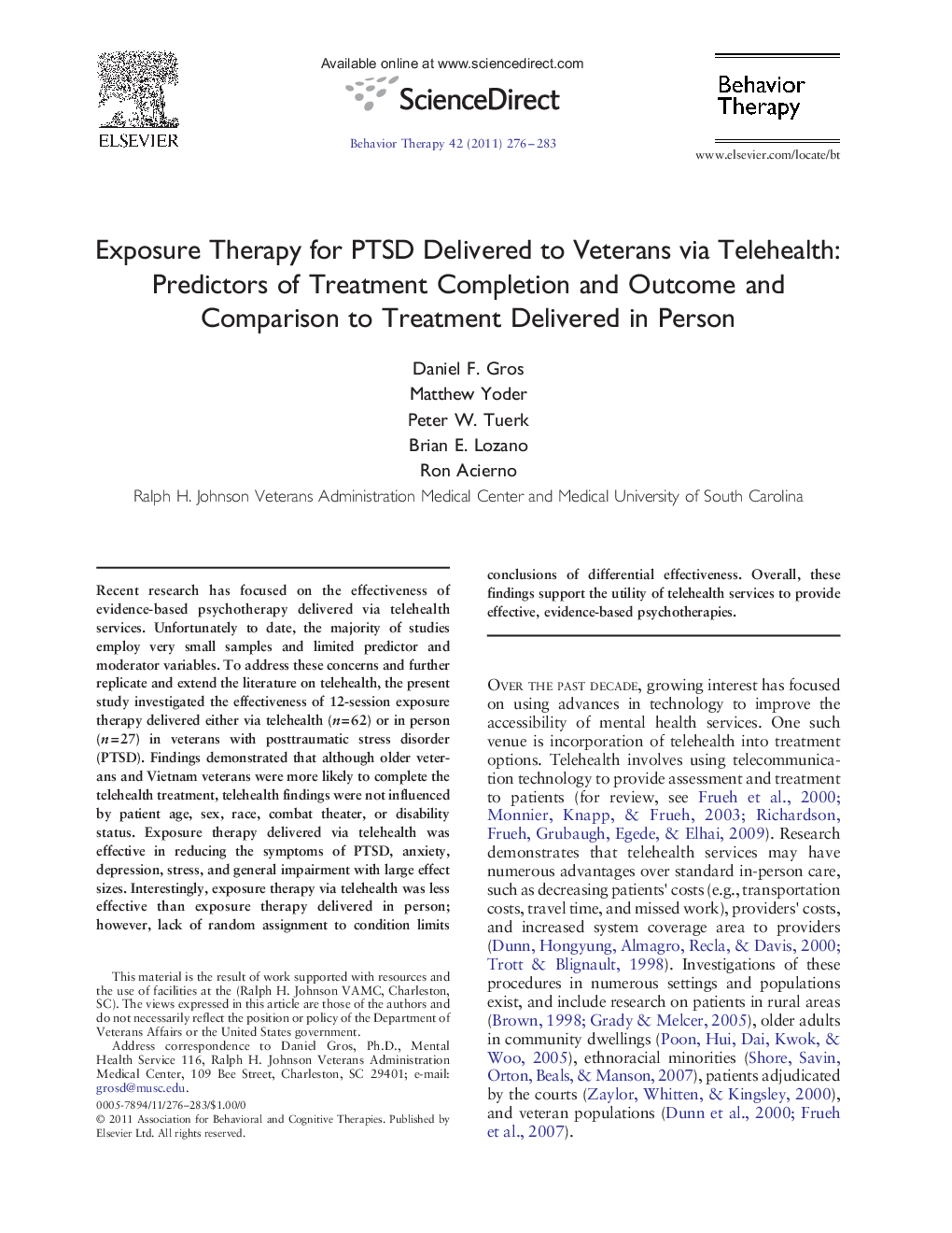 Exposure Therapy for PTSD Delivered to Veterans via Telehealth: Predictors of Treatment Completion and Outcome and Comparison to Treatment Delivered in Person 