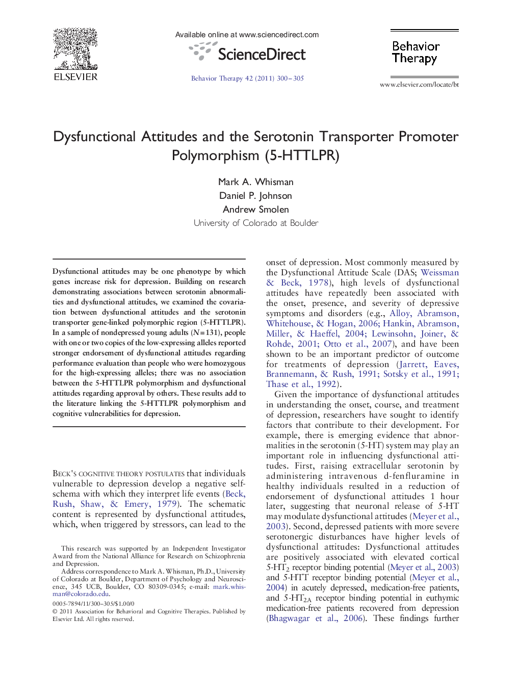 Dysfunctional Attitudes and the Serotonin Transporter Promoter Polymorphism (5-HTTLPR)