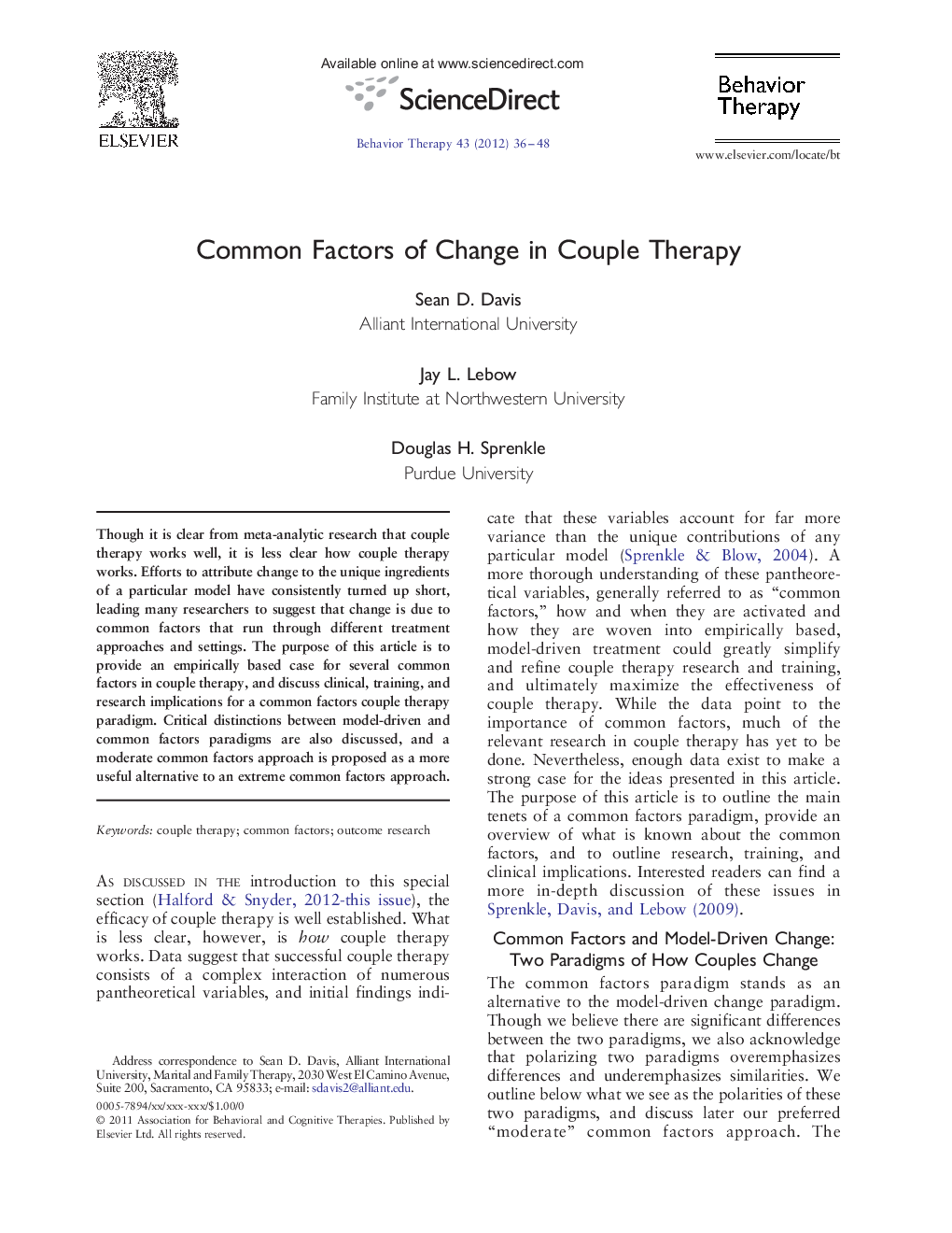 Common Factors of Change in Couple Therapy