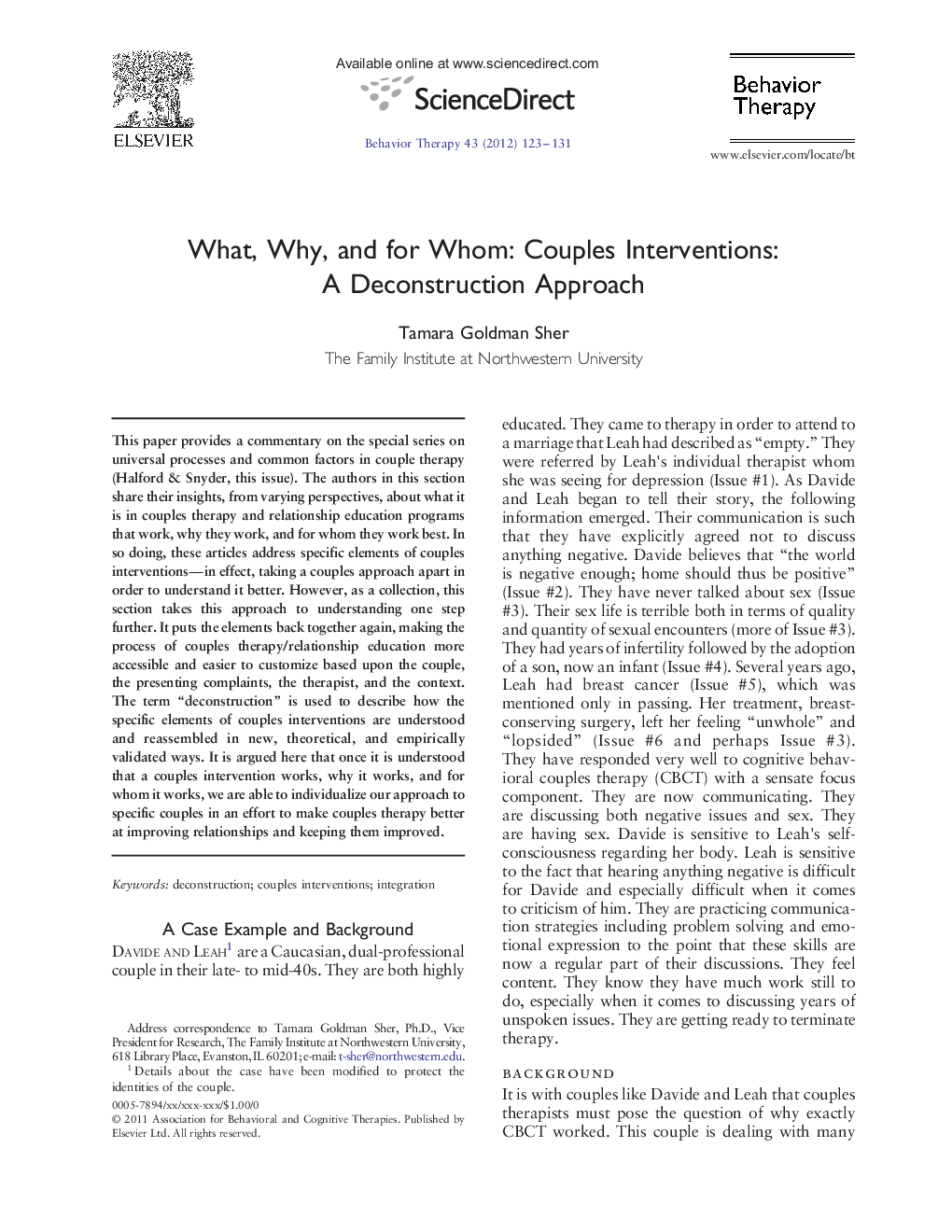 What, Why, and for Whom: Couples Interventions: A Deconstruction Approach