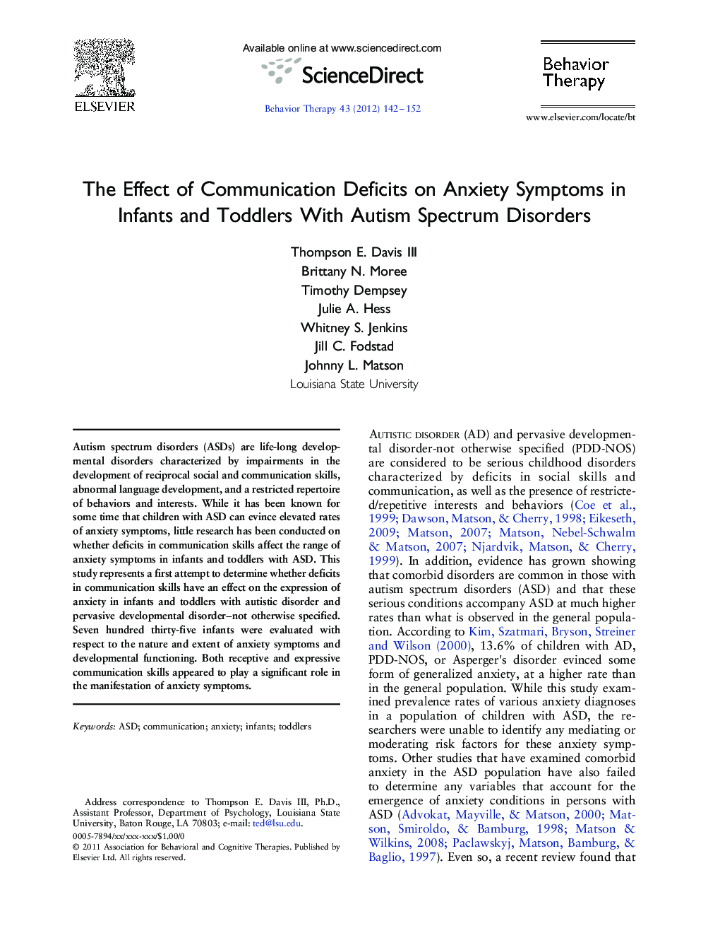 The Effect of Communication Deficits on Anxiety Symptoms in Infants and Toddlers With Autism Spectrum Disorders