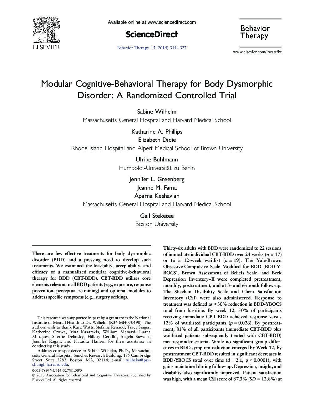 Modular Cognitive-Behavioral Therapy for Body Dysmorphic Disorder: A Randomized Controlled Trial 